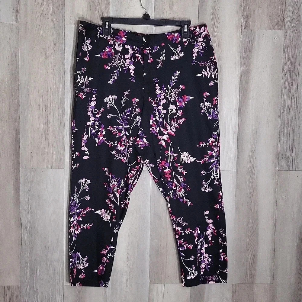 Ashley Stewart Black Purple Pink Floral Dress Pants Womens Size 16‎
